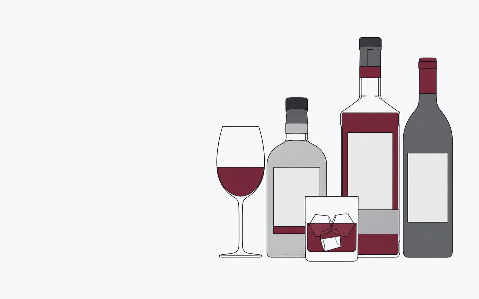 Unbranded bottles, a wine glass, and a rocks glass on a cool near-white background